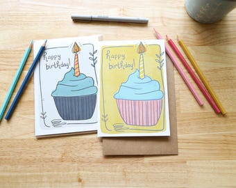 Hand-Drawn Cupcake Birthday Card, 5” x 7” Everyday Card, Blank Inside, Choose your Color