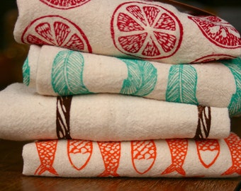 Kitchen Towels, Hand Printed Kitchen Towels, Make Your Own Set of 3