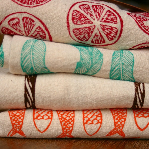 Set of 3 Kitchen Towels, Hand Printed, Make Your Own Set