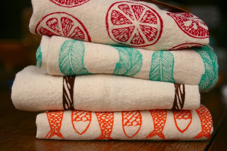 Kitchen Towels, Hand Printed Kitchen Towels, Make Your Own Set of 3 