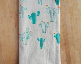 Cactus Kitchen Towel, Handprinted, Kitchen or Hand Towel, Teal and Ochre