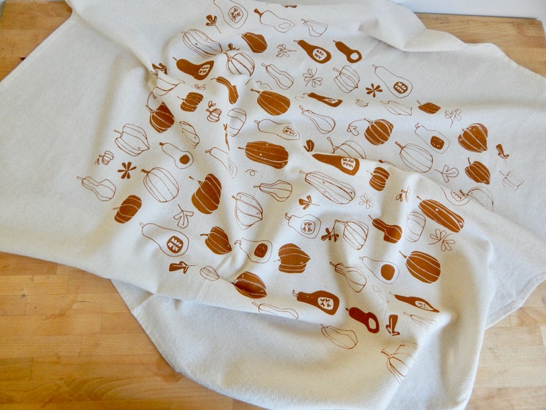 Squash Kitchen Towel with Pumpkins, Winter Squash, and Decorative Gourds, Hand Printed image 4