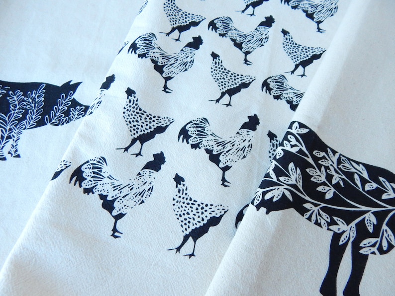 Black Farm Prints Hand Printed 3 Natural Cotton Towels Tea Towel