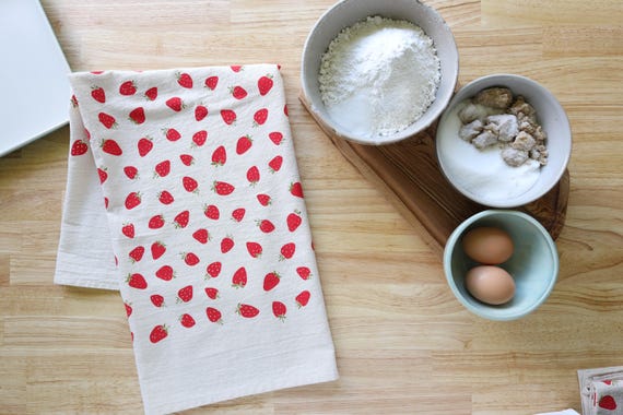 Hand Printed Strawberry Kitchen Towel: Soft Cotton Flour Sack