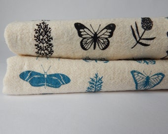 Butterfly Floral Kitchen Towel, Hand Printed, Natural Cotton, Choose Your Color