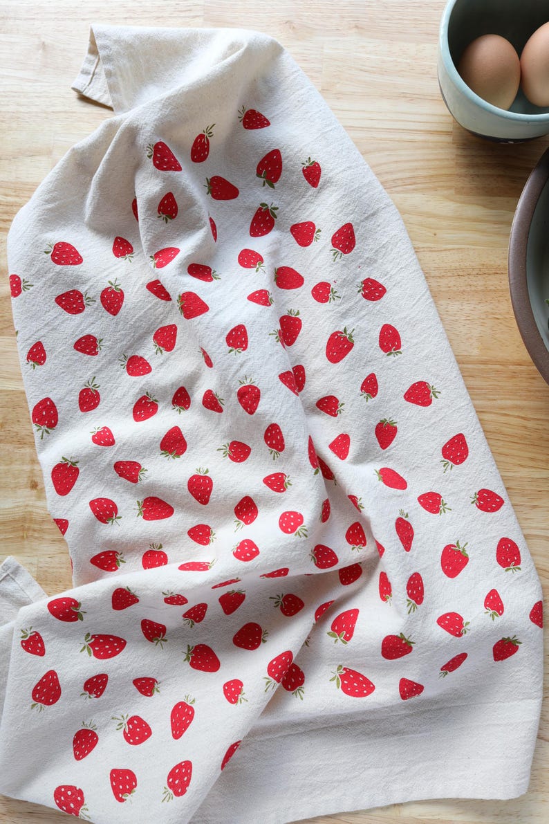 Toalla de cocina con estampado de fresas a mano: Saco de harina de algodón suave imagen 6