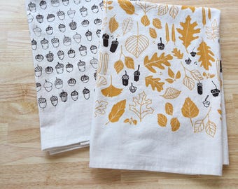 Handprinted Autumn Kitchen Towels - Acorns and Leaves - Set of 2