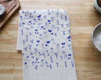 Hand-Printed Royal Blue Floral Kitchen Towel: Artisan Cotton Tea Towel