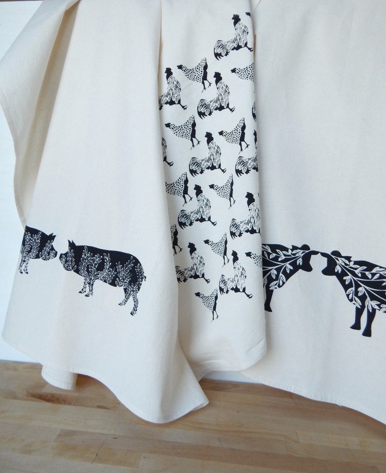 Black Farm Prints Hand Printed 3 Natural Cotton Towels Tea Towel