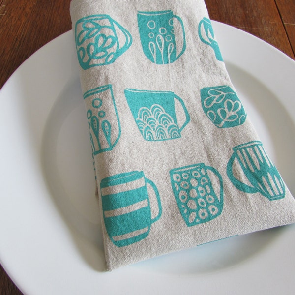 Cloth Napkins, Hand Printed Mugs, Turquoise, Set of 4