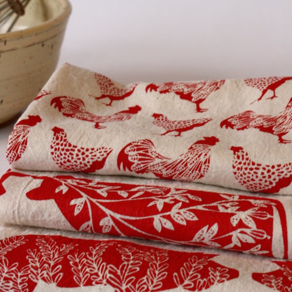 Farmhouse Kitchen Towels, Set of 3 Hand Printed Cotton Towels, Chickens, Pigs, and Cows