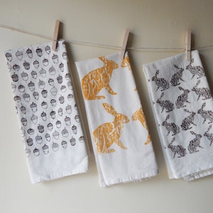 Woodland Tea Towel Set, Hand Printed, Set of 3 Natural Cotton Towels, Rabbits and Acorns