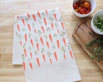 Carrot Kitchen Towel, Hand Printed, Gift for Gardener, Natural Cotton