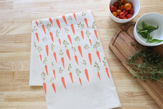 Carrot Kitchen Towel, Hand Printed, Gift for Gardener, Natural Cotton