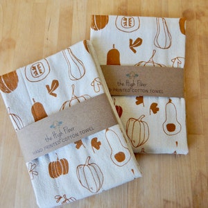 Squash Kitchen Towel with Pumpkins, Winter Squash, and Decorative Gourds, Hand Printed image 1