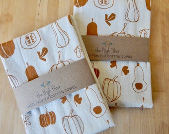 Squash Kitchen Towel with Pumpkins, Winter Squash, and Decorative Gourds, Hand Printed