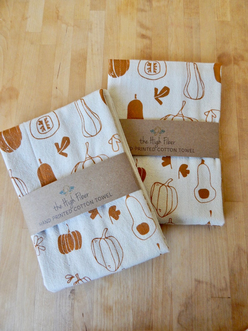 Squash Kitchen Towel with Pumpkins, Winter Squash, and Decorative Gourds, Hand Printed image 1