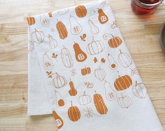 Pumpkin and Squash Kitchen Towel, Pumpkin Fall Decor Towel, Hand Printed, Fun Thanksgiving Hostess Gift
