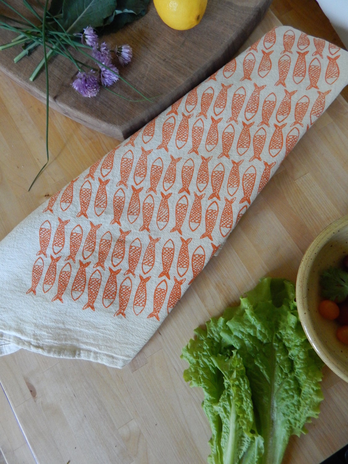 Fish Kitchen Towel Hand Printed Cotton Choose Your Color Etsy