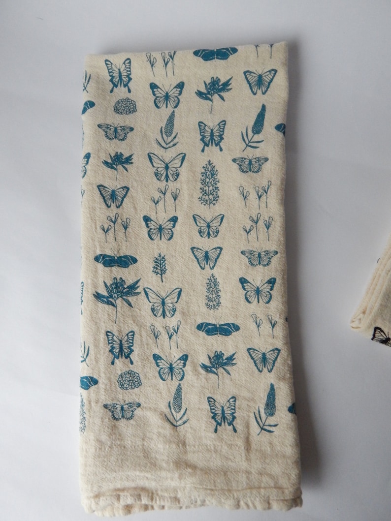 Butterfly Floral Kitchen Towel, Hand Printed, Natural Cotton, Choose Your Color image 3