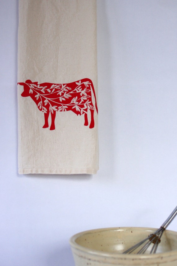 Flour Sack Towel, Hand Printed, Red Cows, Kitchen Towels, Farmhouse Kitchen,  Farmhouse Decor, Cow Towel, Farmhouse Dish Towels 