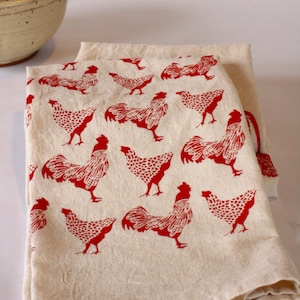 Chicken Kitchen Towel, Handprinted Kitchen Towel, Hen and Rooster, Cotton Tea Towel, Farmhouse Decor, Farmhouse Kitchen image 2