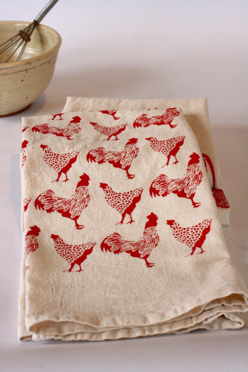 Chicken Kitchen Towel, Handprinted Kitchen Towel, Hen and Rooster, Cotton Tea Towel, Farmhouse Decor, Farmhouse Kitchen image 2