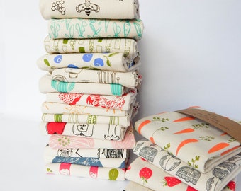 Set of 6 Kitchen Towels, Hand Printed, Choose Your Set of Natural Cotton Towels