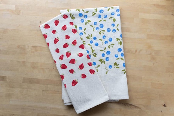 Hand Printed Strawberry and Blueberry Towel Set, Set of 2 Berry Kitchen Towels
