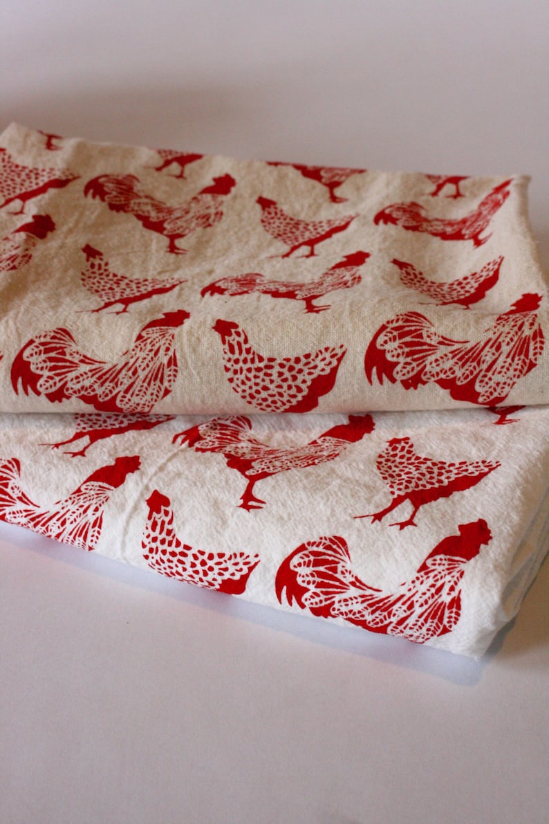 Chicken Kitchen Towel, Handprinted Kitchen Towel, Hen and Rooster, Cotton Tea Towel, Farmhouse Decor, Farmhouse Kitchen image 3