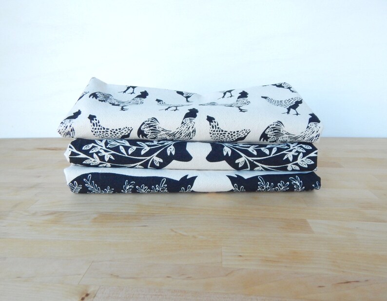 Black Farm Prints Hand Printed 3 Natural Cotton Towels Tea Towel
