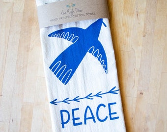 Peace Kitchen Towel, Hand Printed, Dove and Vine, Natural Cotton