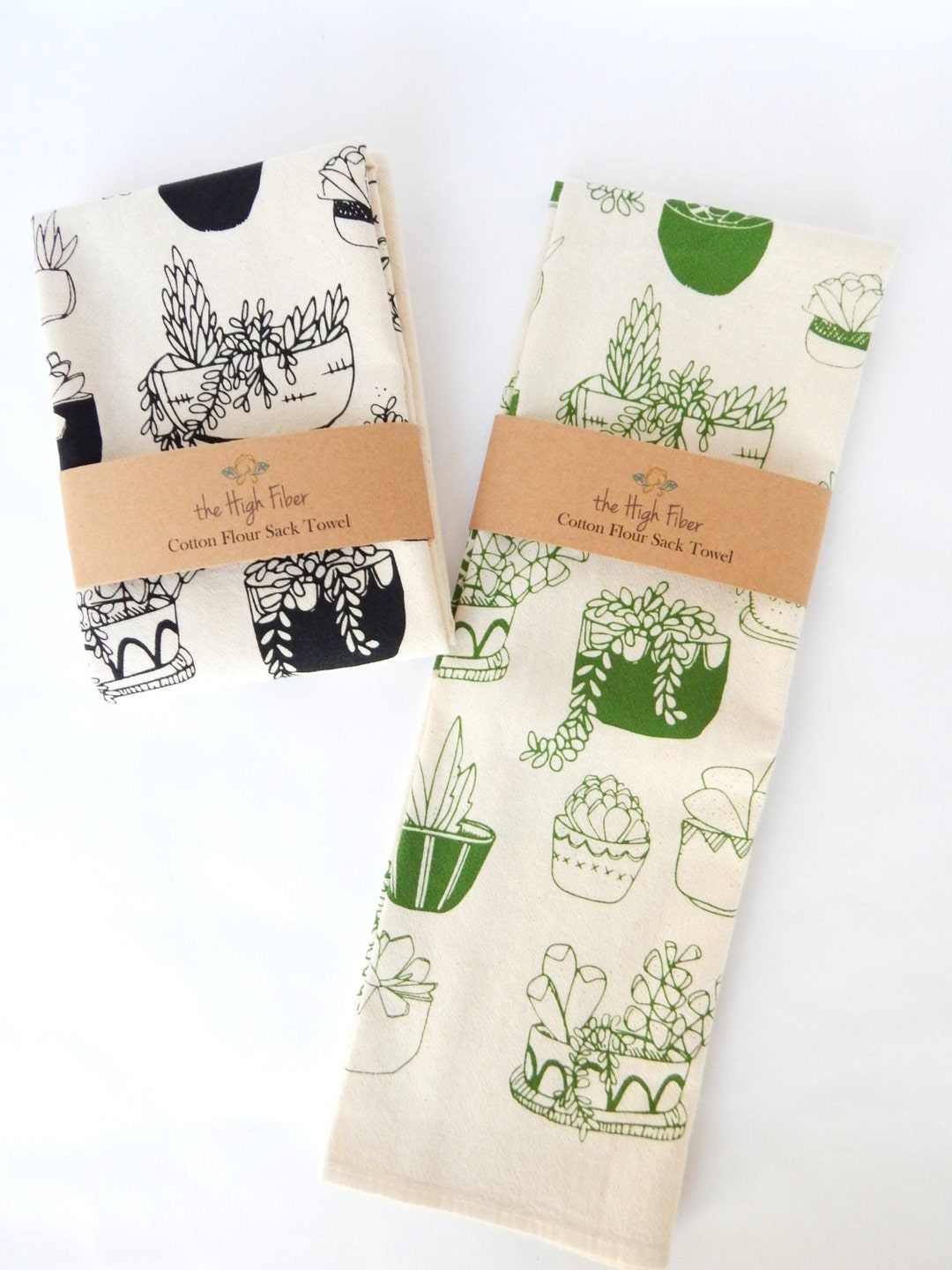 Kitchen Towel, Hand Printed Tea Towel, Succulents, Natural Cotton Towel