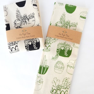 Succulents Print Kitchen Towel, Hand Printed, Natural Cotton, Houseplants