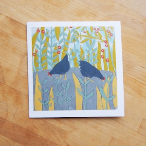 Carte Poulets dans le jardin, carte de tous les jours, intérieur vierge, illustration de poulet