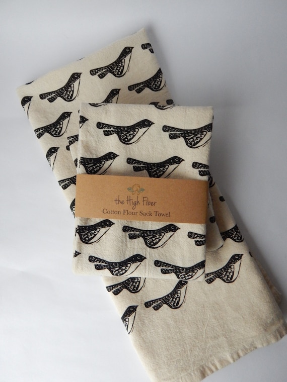 Hand Printed Black Bird Kitchen Towel: Natural Cotton Dish Towel
