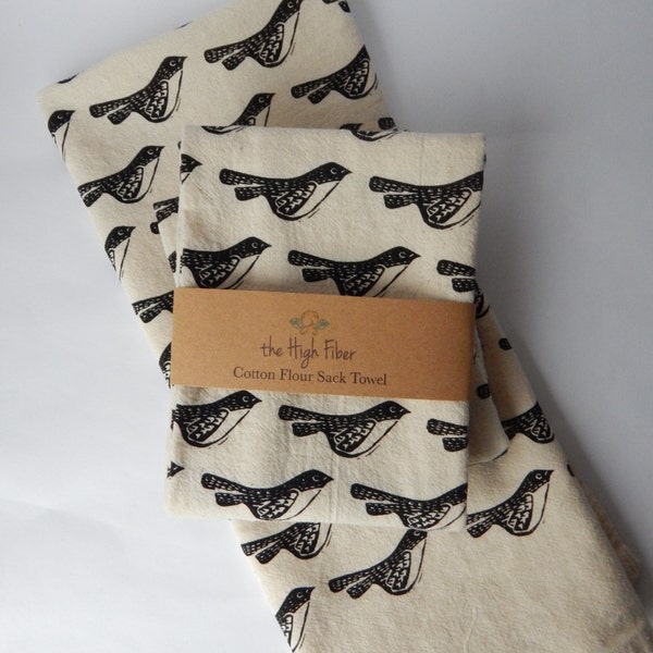 Black Bird Kitchen Towel, Hand Printed, Cotton Hand Towel