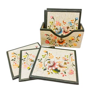 Vintage Sets Of Six Hand Painted Wooden Coasters with Holder Floral Theme