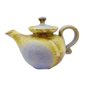 Rustic Glazed Pottery Teapot with Lid | Small Artisan Tea Pot in Earthy Yellow and Blue Tones | Unique Functional Pottery for Tea Lovers