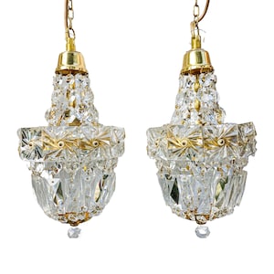 Art Deco Deckenleuchte mit Facettierten Glastropfen | Vintage Messing Kristall Kronleuchter Paar | French Style Anhänger Beleuchtung 2er Set