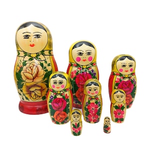 Vintage Russian Matryoshka Nesting Dolls Set | Hand Painted Wooden Babushka Dolls with Floral Design | Folk Art Collectible Decor Set of 8
