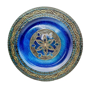 Handcrafted Polish Wooden Plate &#39;Mountain Star&#39; Design in Blue | Decorative Wall Plate | Unique Artisan Craft | Home Decor Accent