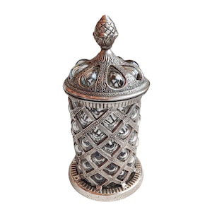 Vintage Bubble Glass Apothecary Jar: Silver Lattice Lid, Mid Century Decor