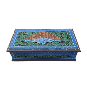 Hand Painted Indian Wooden Box: Bird Motif, Red Velvet Lining