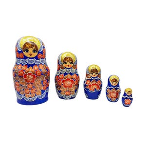 5-Piece Russian Nesting Dolls | Hand-Painted Blue Matryoshka Set with Red Flowers & Gold Accents | Traditional Folk Art Gift