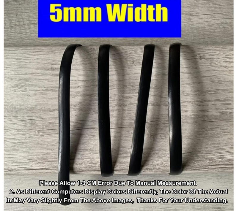 May include: Four black, curved strips are displayed against a light wood-grain background. The text "5mm Width" is in yellow letters on a blue background. The image also contains text about measurement error and color variations.