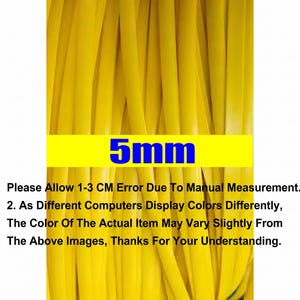 May include: Close-up of numerous yellow, thin, flexible cords. A yellow banner with the blue text "5mm" is overlaid on the cords. The image also contains text about measurement error and color variations.