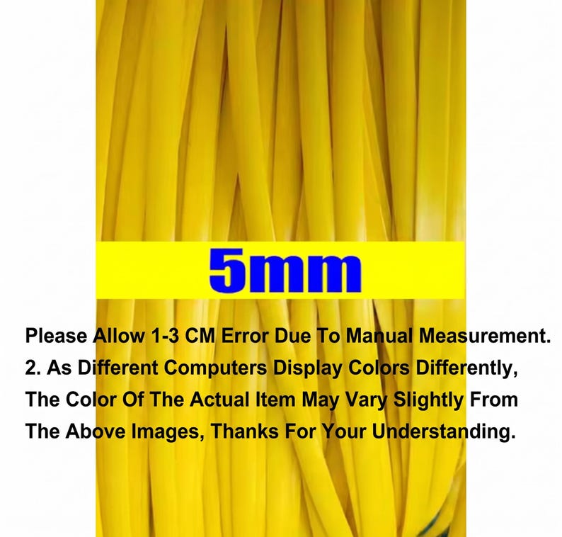 May include: Close-up of numerous yellow, thin, flexible cords. A yellow banner with the blue text "5mm" is overlaid on the cords. The image also contains text about measurement error and color variations.