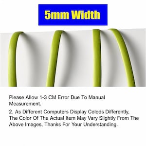 May include: Four green, flexible strips, each 5mm wide, are shown against a white background. The text "5mm Width" is in a blue rectangle at the top. The image also includes text about measurement error and color variations.
