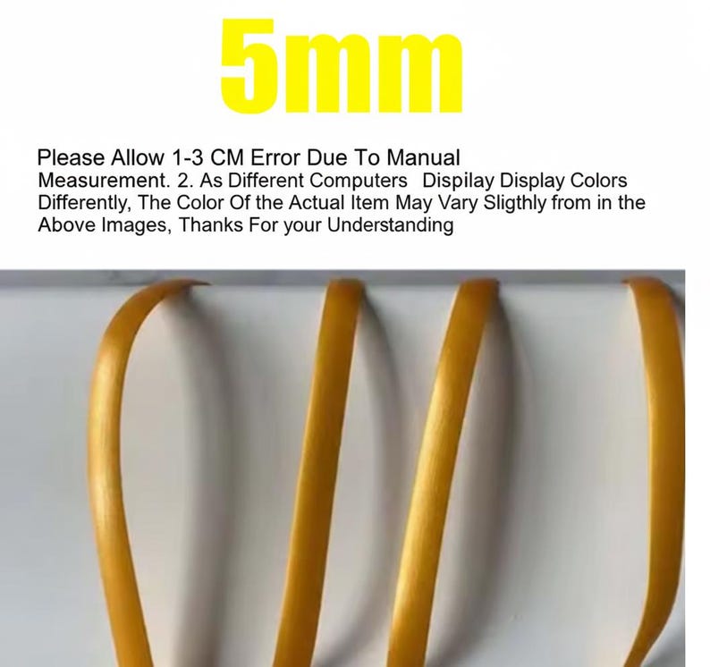 May include: Close-up of three strands of golden-yellow ribbon, each approximately 5mm wide. The image includes text at the top indicating the ribbon's width and a disclaimer about measurement and color variations.